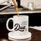 Dua Mug (350ML) - Personalized Islamic gift mug with 'Just Dua It!' text, ideal for Ramadan or Eid, shown being filled with coffee in a kitchen.