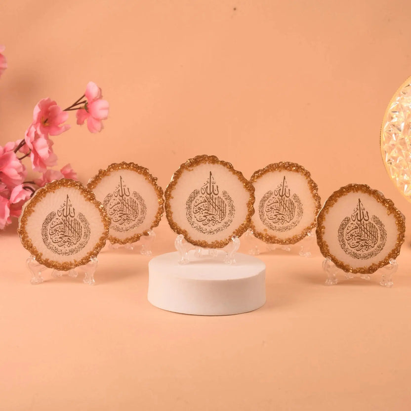 Set of five 3" Ayatul Kursi Frames with gold-trimmed edges, handmade in India, displayed on clear stands for Islamic home decor or gifting. Main image
