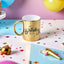 Personalized Birthday Mug - Golden with 'Happy Birthday to You' text and festive design, ideal for gifting and celebrations.