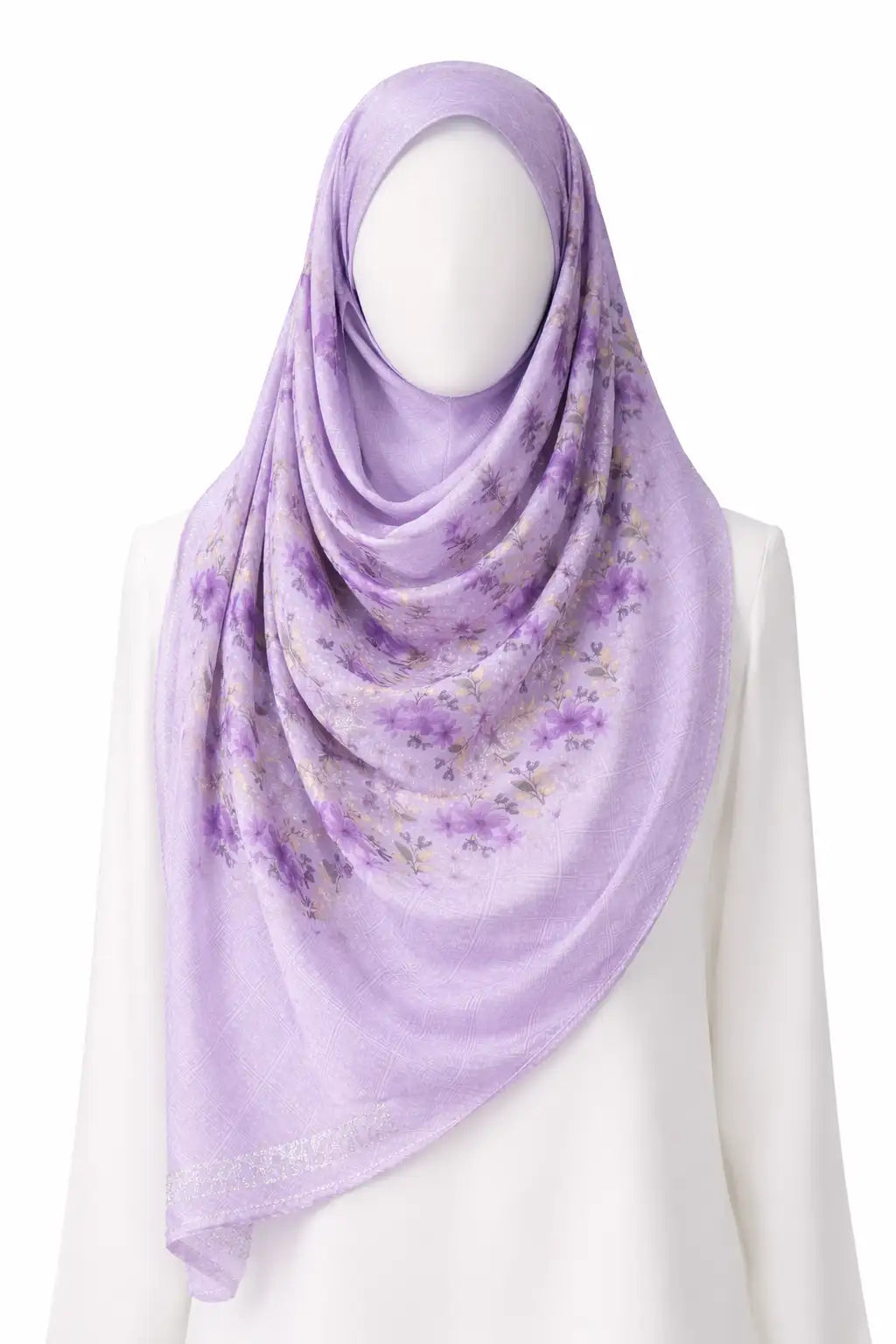 Purple Printed Hijab draped on mannequin in soft chiffon fabric. Features delicate floral design for a secure and elegant modest look.