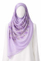 Purple Printed Hijab draped on mannequin in soft chiffon fabric. Features delicate floral design for a secure and elegant modest look.