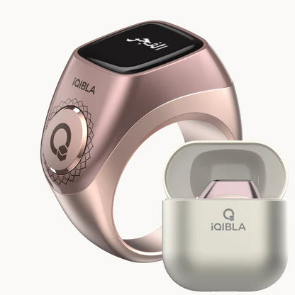 Zikr Ring Flex Pro in rose gold with charging case, combining smart tasbih features and elegant design.