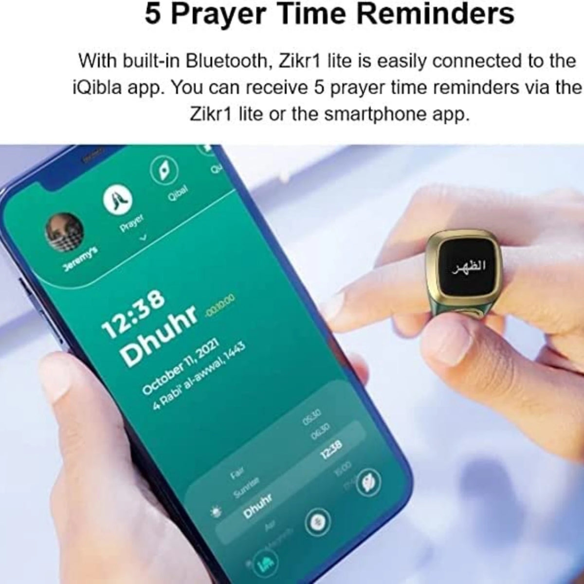 Noor Zikr Ring - Smart Tasbeeh connected to iQibla app on phone. Displays prayer time reminders and Zikr tracking features.