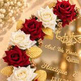 Full view of the Mubarak Gold Nikah Mirror Plaque with burgundy and ivory roses, pearl edging and a gold display stand.
