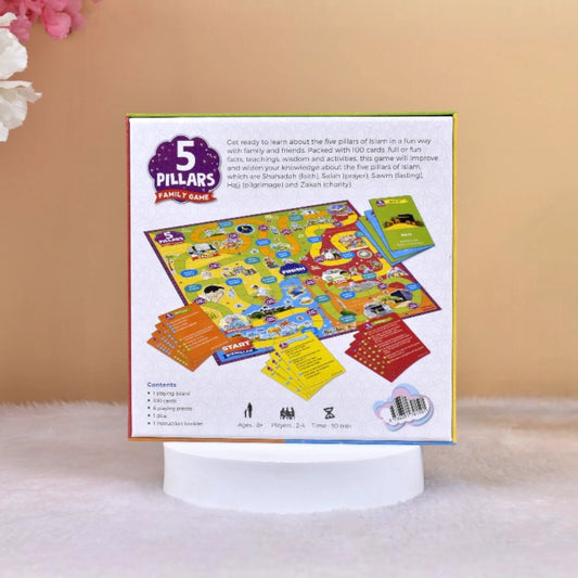 Back of Five Pillars Games box showing game board, cards, and instructions for Islamic learning and family fun activities.