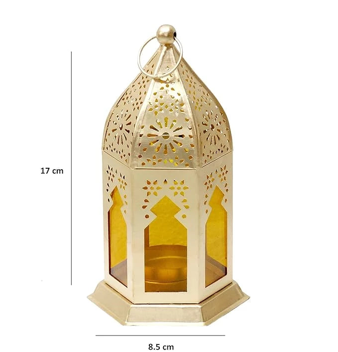 Golden Glow Lantern 6" - Gold Lantern Decor with intricate cut-out design and yellow glass panels, ideal for home decor and ambient lighting.