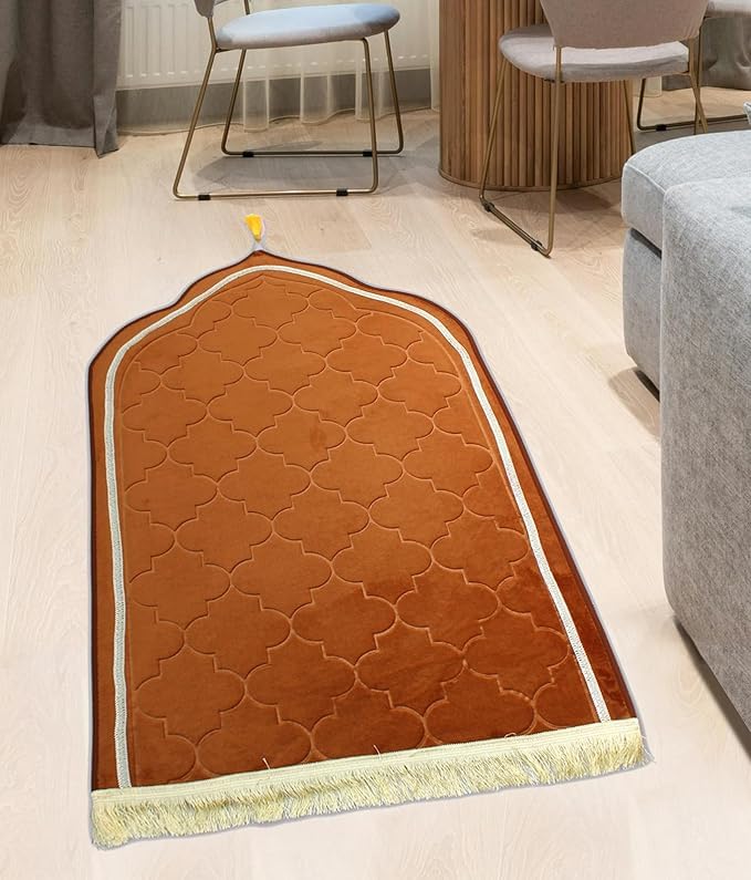 Golden Dome Janamaz - Dome Shaped Prayer Mat placed in a modern living room, ideal for Islamic prayers and gifting.