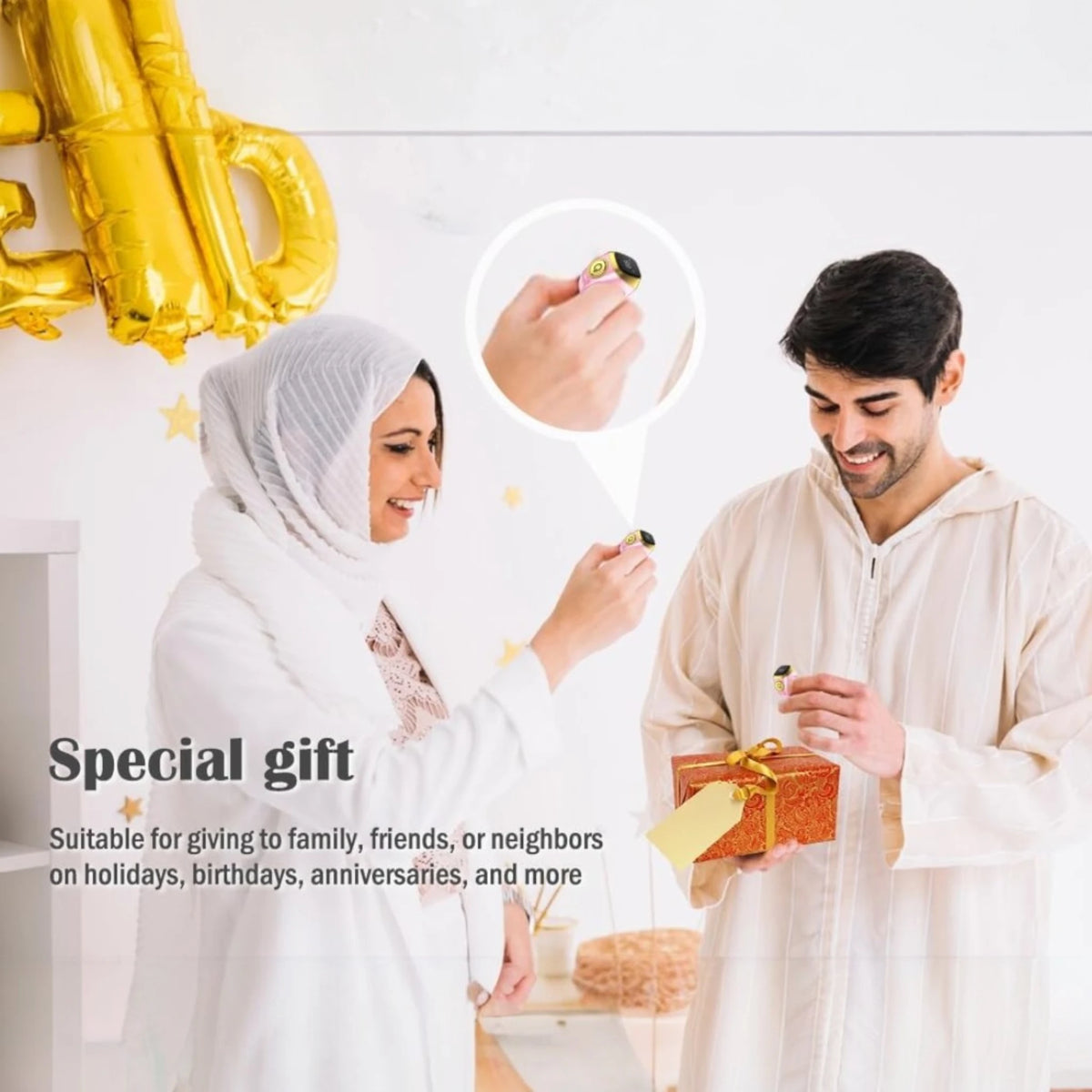 Noor Zikr Ring - Smart Tasbeeh shown as a special Islamic gift for Eid, ideal for couples during Ramadan or anniversaries.
