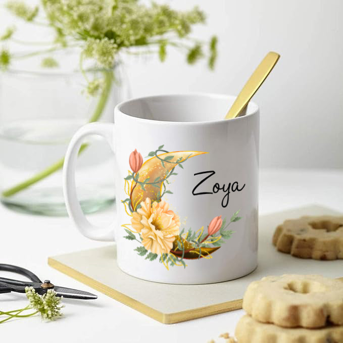 Floral Moon Kids Mug - Ceramic White 350 ml with yellow floral crescent design and personalized name 'Zoya', ideal for kids' hot drinks.