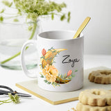Floral Moon Kids Mug - Ceramic White 350 ml with yellow floral crescent design and personalized name 'Zoya', ideal for kids' hot drinks.