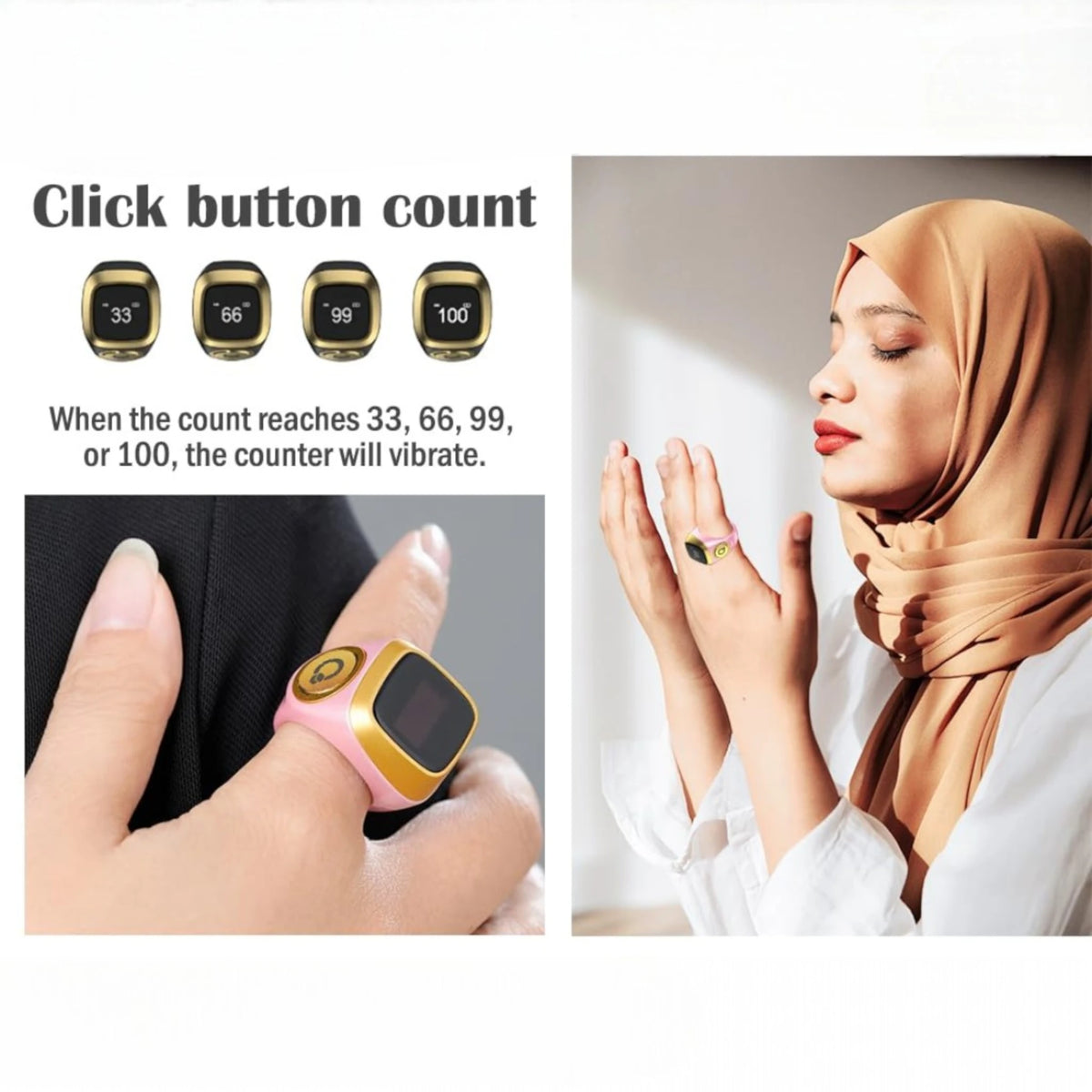 Noor Zikr Ring - Smart Tasbeeh with LED display and vibration alerts at zikr milestones, worn by a woman in prayer.