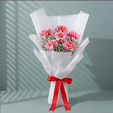 6 Pink Carnations Flower Bouquet arranged in packaging, close-up