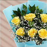 6 Yellow Roses Bouquet — detail of the flowers and wrapping
