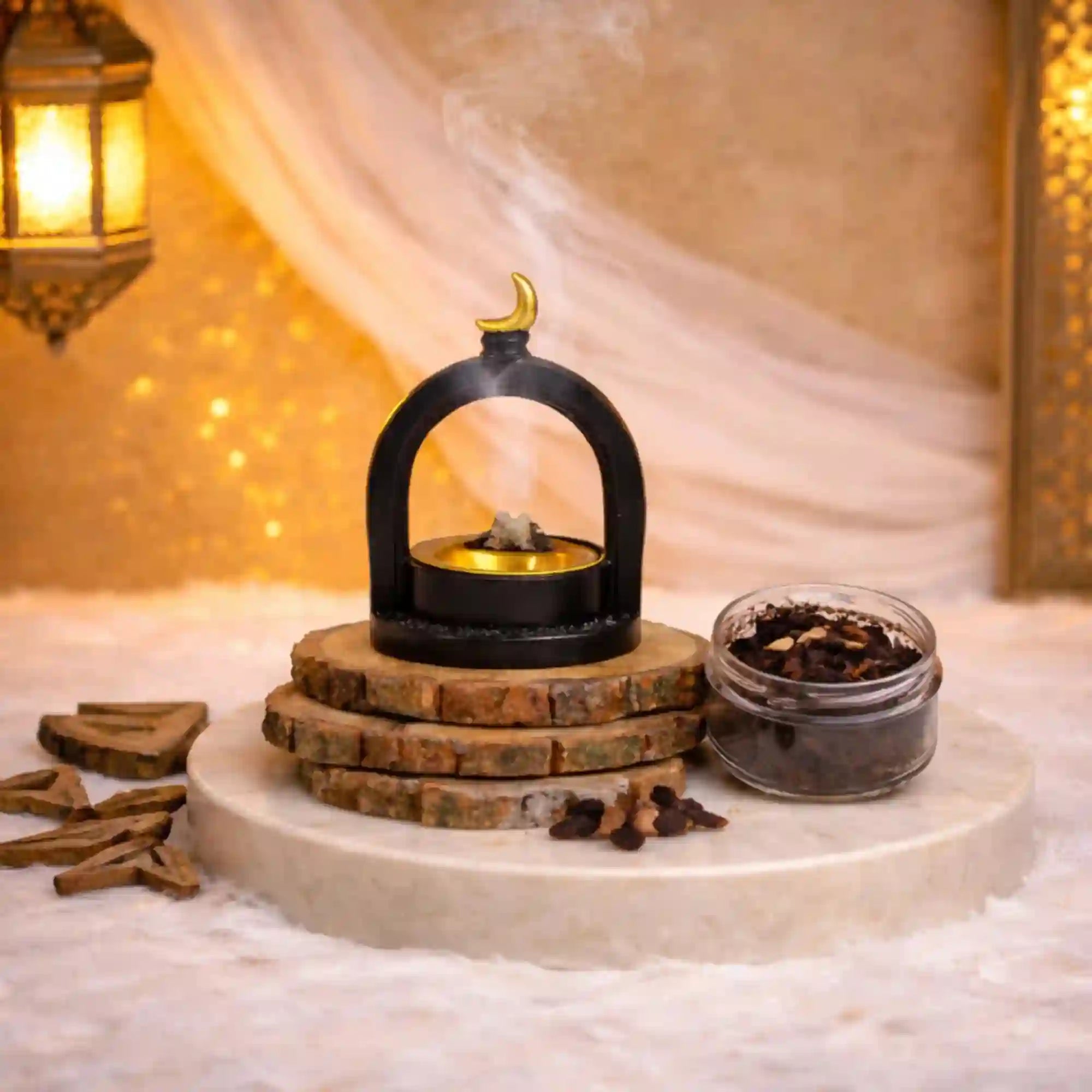 Midnight Crescent Bakhoor Burner with elegant crescent moon design, releasing aromatic smoke, placed on marble stand with bakhoor jar beside it. Main image