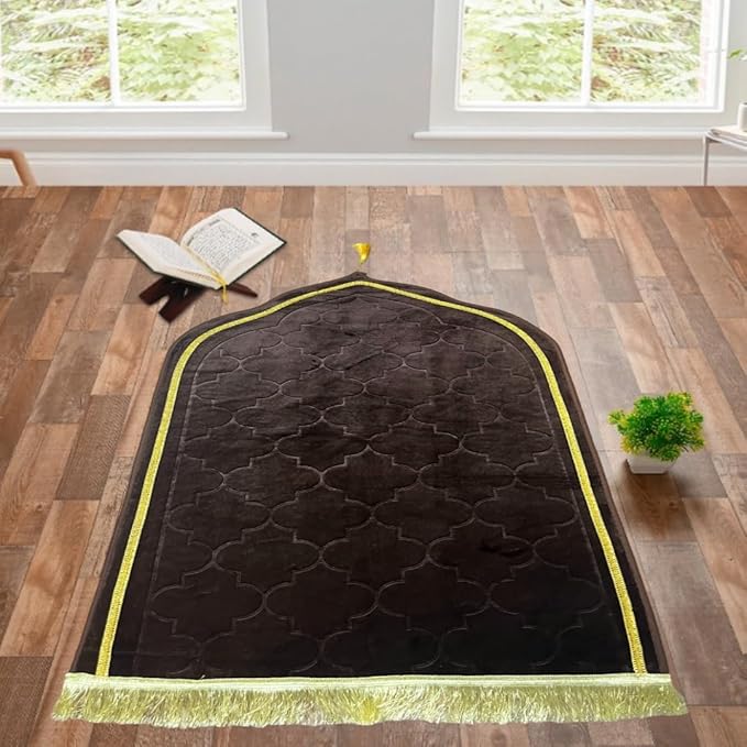 Brown Dome Janamaz - Personalized Prayer Mat placed in a serene room with Quran, ideal for spiritual use at home or travel.