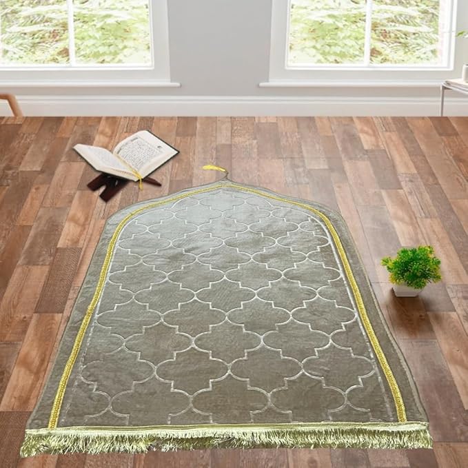 Olive green prayer mat with golden border and arch design, part of the Silver Sawab-e-Jariya Gift Set. Elegant and spiritual gift.