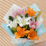 8 Mixed Asiatic Lilies Bouquet — detail of the flowers and wrapping