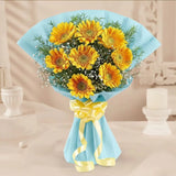 8 Yellow Gerbera Bouquet arranged in packaging, close-up