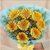 8 Yellow Gerbera Bouquet — detail of the flowers and wrapping