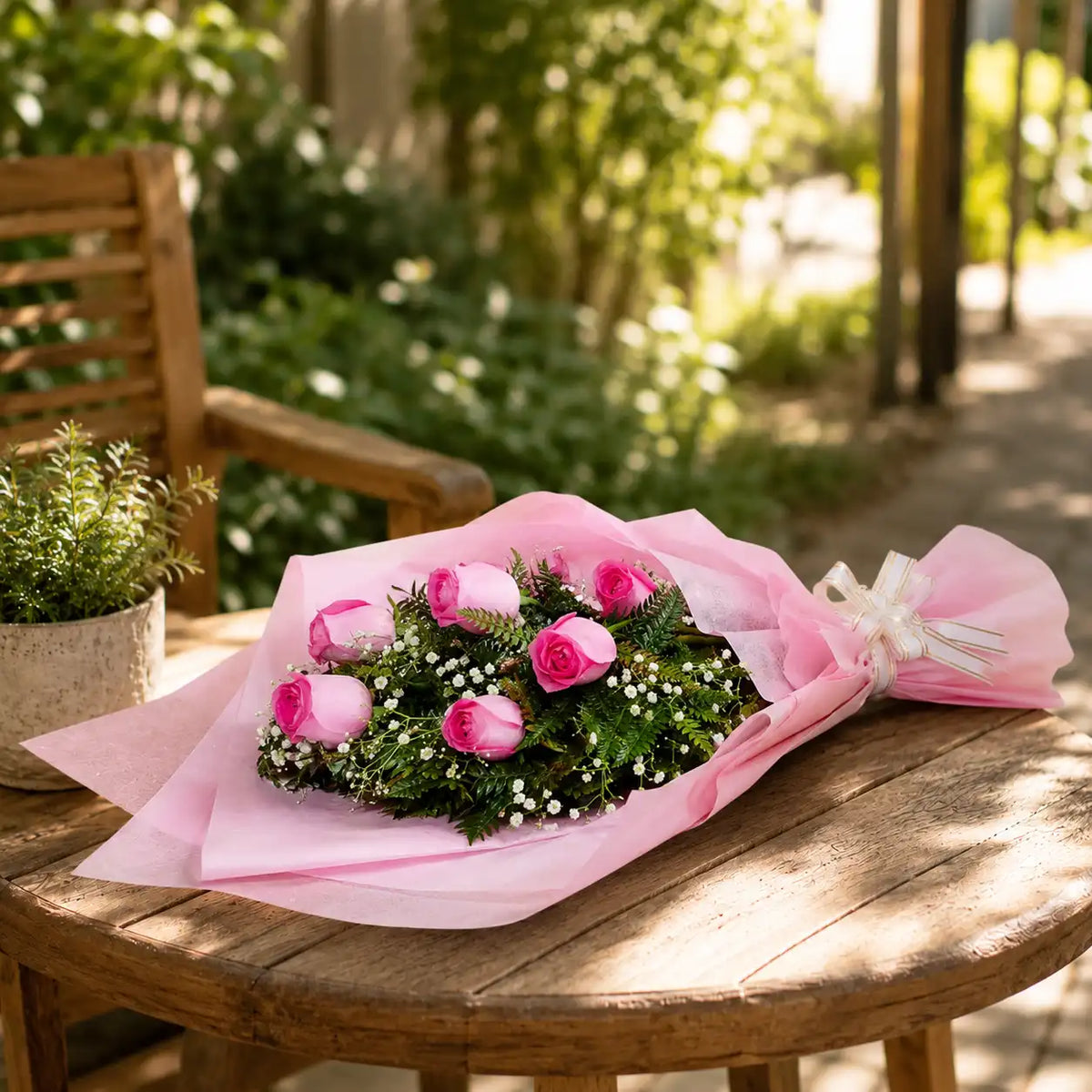 8 Pink Roses — fresh flower bouquet, detail view