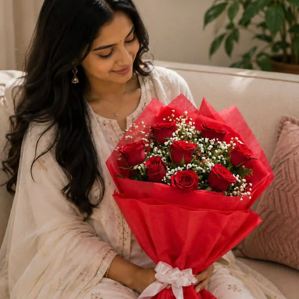 8 Red Roses Bouquet — full bouquet view