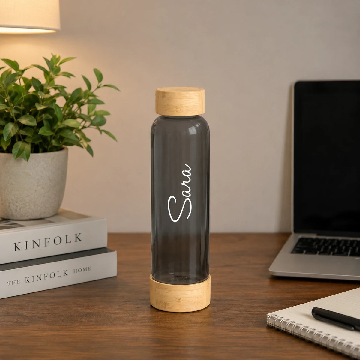 EcoFrost Frosted Glass Bottle with Bamboo Cap & Base – 500 ml
