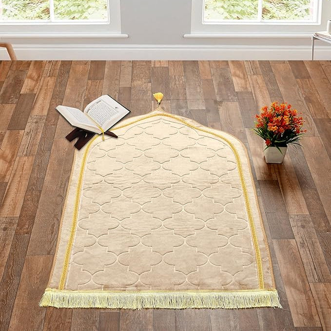 Elegant beige prayer mat with gold border, ideal for Nikkah ceremonies and part of the Amaanat-e-Nikaah gift collection.