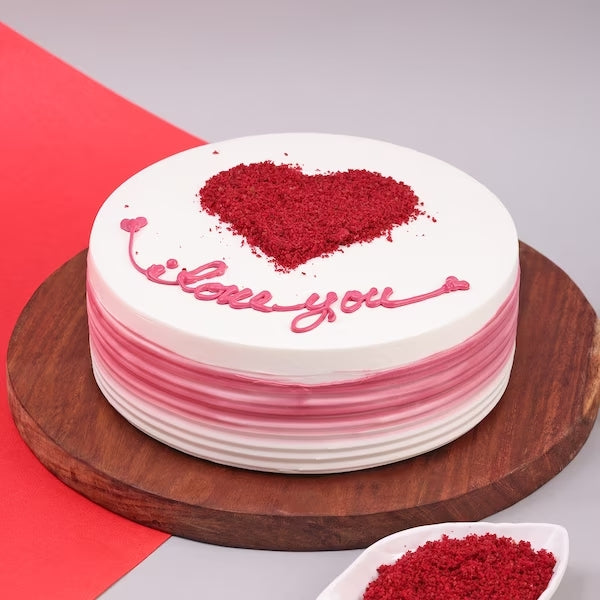 Expression of Love Red Velvet Cake sliced to show the layers inside