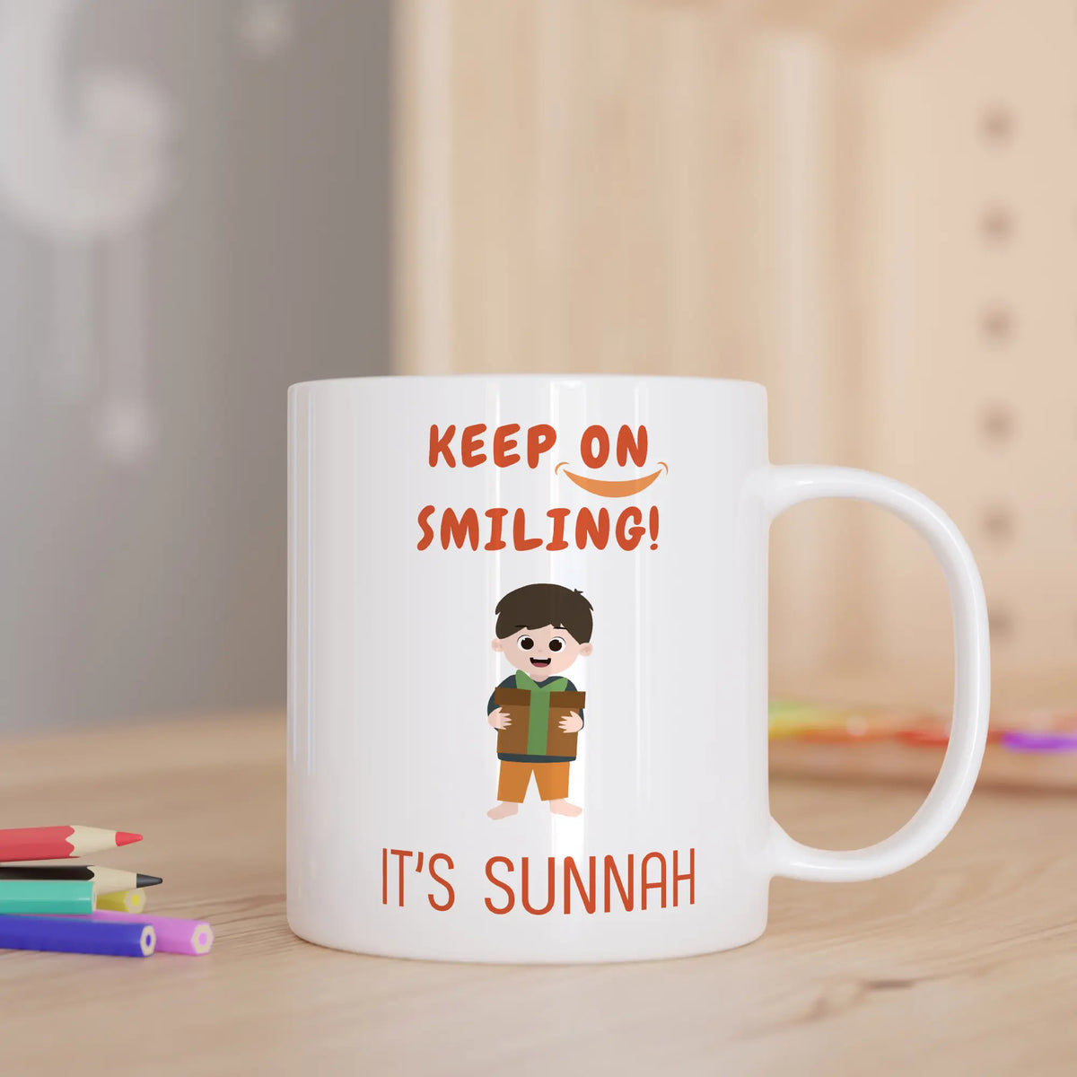 Keep On Smiling Sunnah Mug - Sunnah Smiling Mug | Ceramic, 350ml with cute boy illustration and positive Sunnah reminder, ideal for gifting.