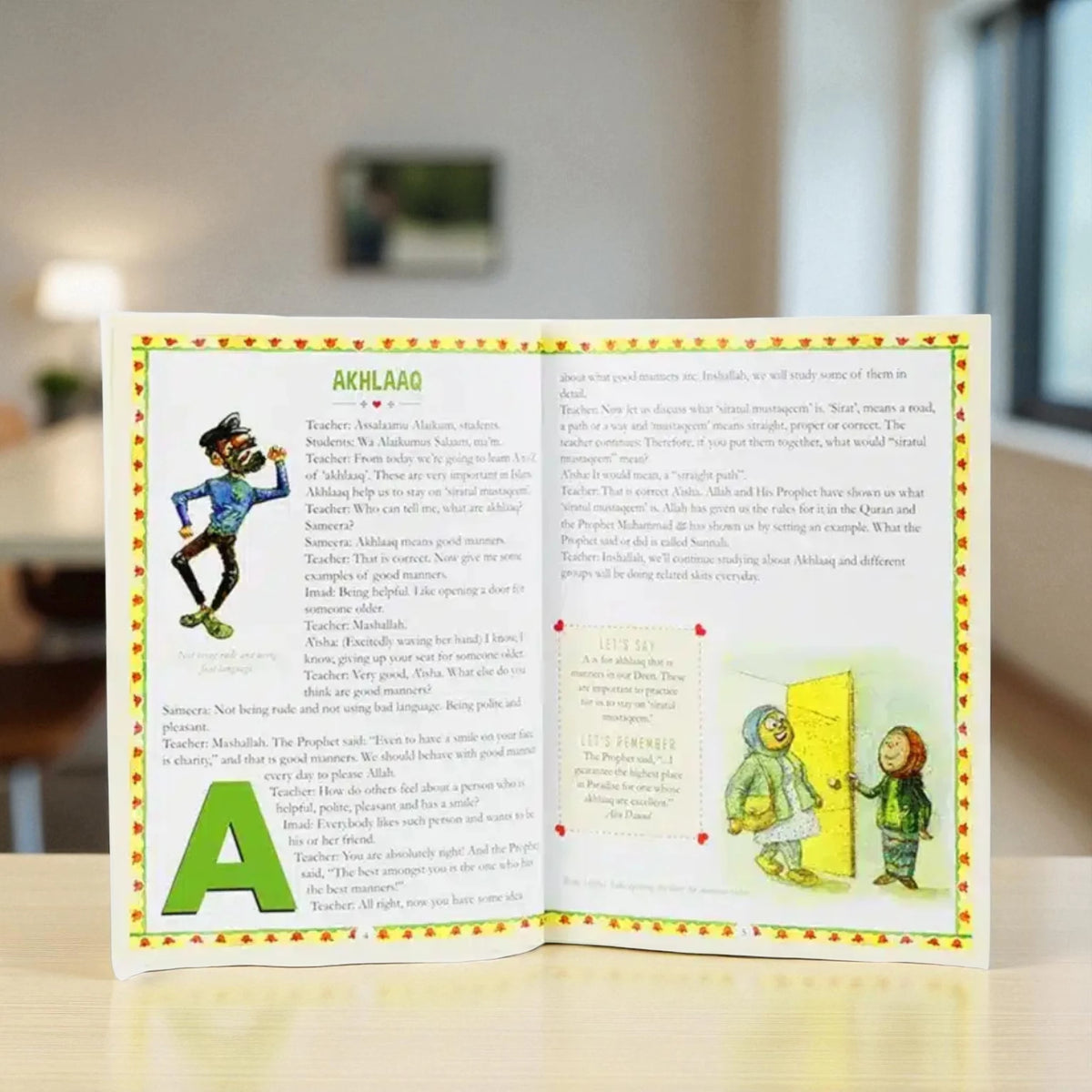Inside pages of Akhlaaq Comes Alive board book showing engaging skits and vibrant drawings that teach children good manners and values.