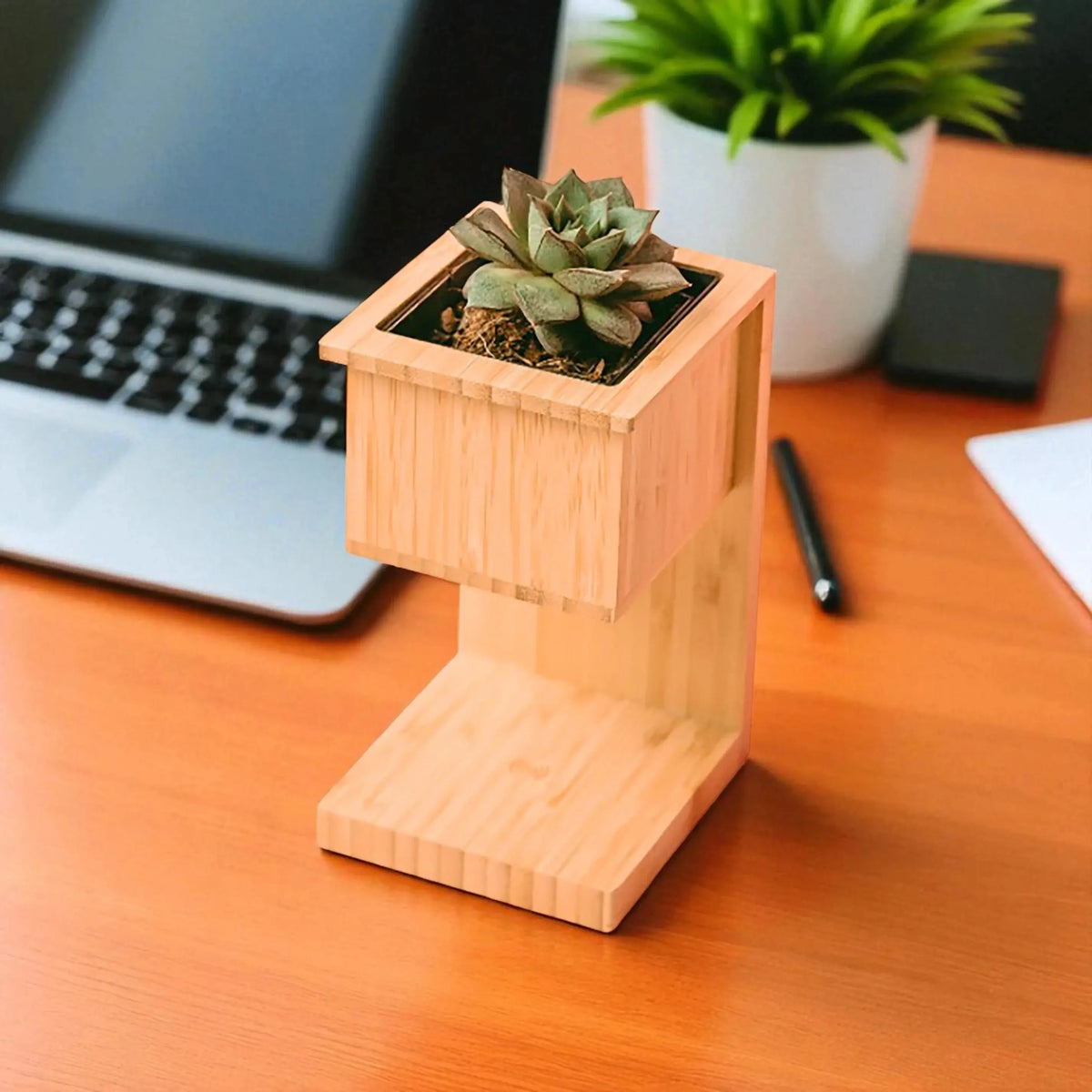 Alder Charger with Planter - Wireless Planter Charger featuring a wooden stand with a succulent plant on top, ideal for modern desk setups.