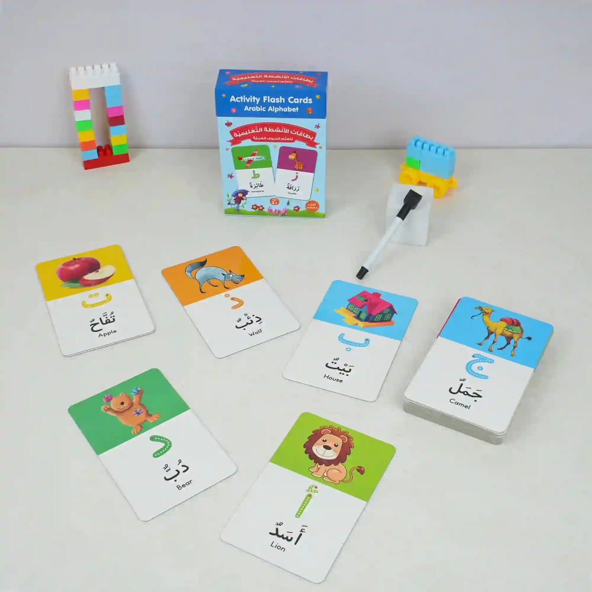 Arabic Alphabet Activity Flash Cards for Kids – Puzzle Learning Set featuring colorful illustrated cards with Arabic letters and matching words. Ideal for early childhood education and language learning.