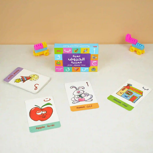 Arabic Alphabet Educational Game – Illustrated Flash Cards for kids aged 3+, featuring colorful images like apple, rabbit, and house for early learning.