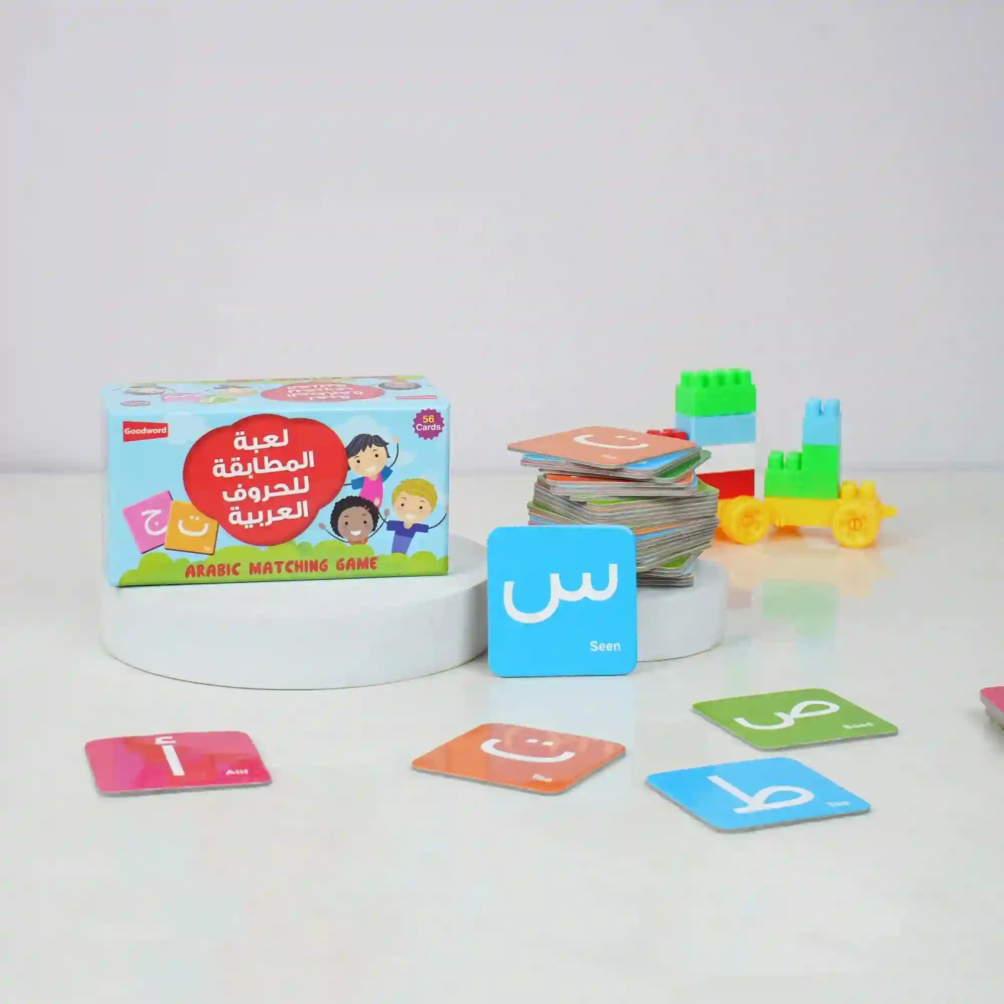 Arabic Alphabet Matching Game for Kids – Picture Learning Cards with colorful flash cards featuring Arabic letters and images for ages 3 and up. Main image