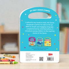 Packaging of 'My First Quran Stories' book with colorful illustrations on a blurred background