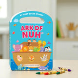 Children's book titled 'Ark of Nuh' with colorful illustrations on a table.