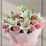 Asiatic Lilies And Carnations Flowers Bouquet — detail of the flowers and wrapping