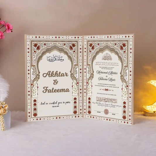 Elegant Aswad-e-Ishq Nikah Nama with Arabic calligraphy and custom couple details, perfect for bridal gifts and religious ceremonies.