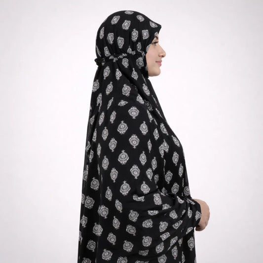 Side profile of Prayer Dress 2 showcasing its flowy chiffon fabric and secure head-to-toe coverage, ideal for modest wear.