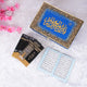 Black Quran box with gold Islamic architecture design and pink flowers