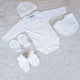 White baby outfit set with bodysuit, hat, bib, and booties on a light background