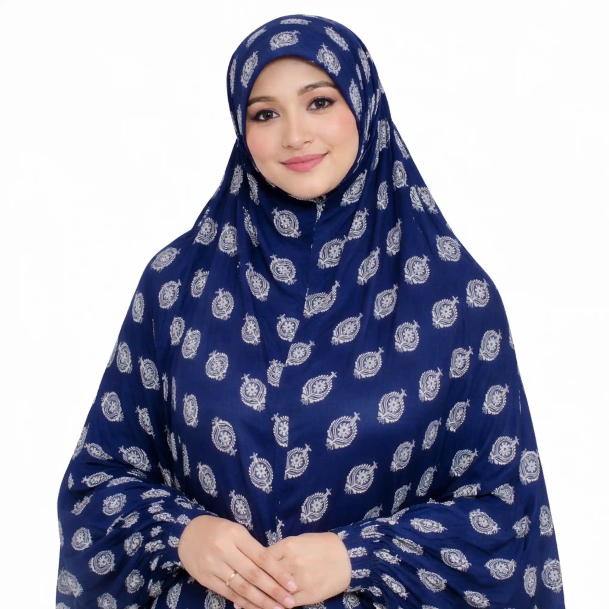 Bahr Knee Length Printed Cotton Namaz Makhna in navy blue with white paisley print, ideal for modest prayer wear and Hajj & Umrah essentials.