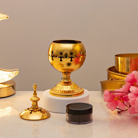 Open Serene Essence Bakhoor Burner showing inner chamber and lid, perfect for enhancing home ambiance with bakhoor aroma during festive gifting.