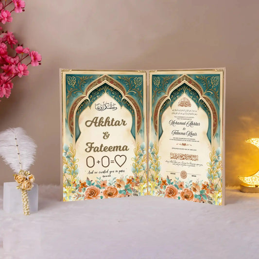 Barqat-e-Zareen Nikah Nama open booklet with golden floral design and personalized names Akhtar & Fateema, ideal for wedding ceremony gifts.