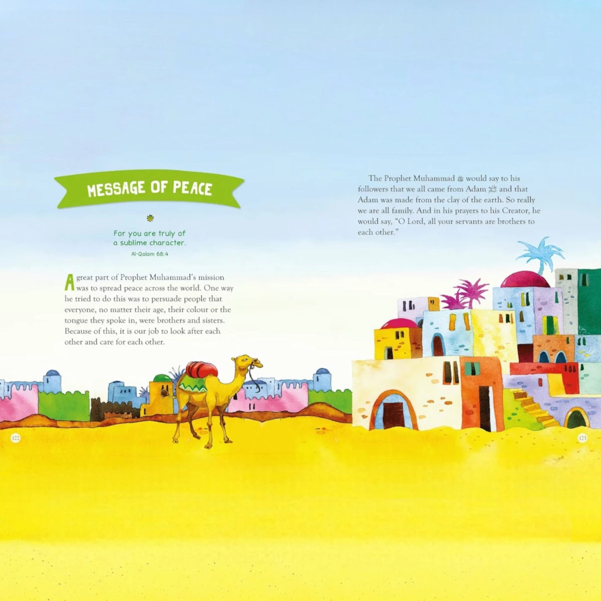 Message of Peace page from Bedtime Quran Stories - Quran Stories for Kids | Illustrated, showing Prophet Muhammad’s teachings with a desert village scene.