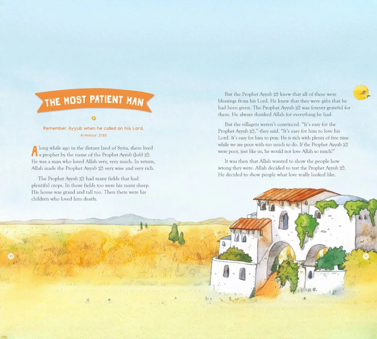 The Most Patient Man story from Bedtime Quran Stories - Quran Stories for Kids | Illustrated, featuring Prophet Ayyub with serene countryside illustrations.