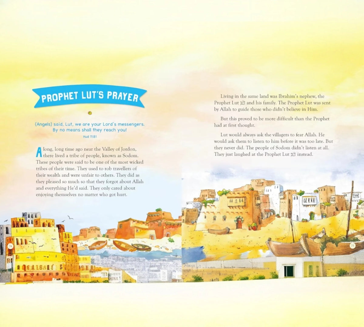 Prophet Lut’s Prayer story in Bedtime Quran Stories - Quran Stories for Kids | Illustrated, with ancient cityscape and moral teachings for children.
