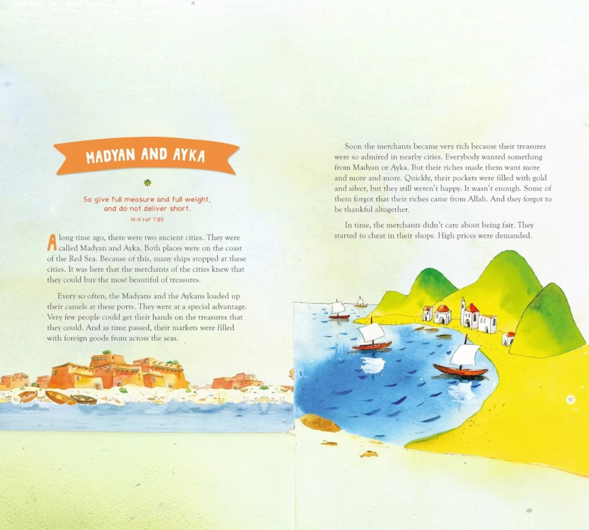 Madyan and Ayka story from Bedtime Quran Stories - Quran Stories for Kids | Illustrated, showing coastal trade scenes with boats and mountains.