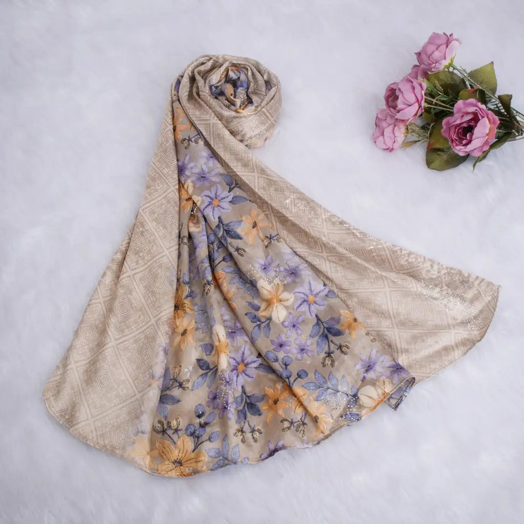 Beige Floral Printed Hijab Secondary image