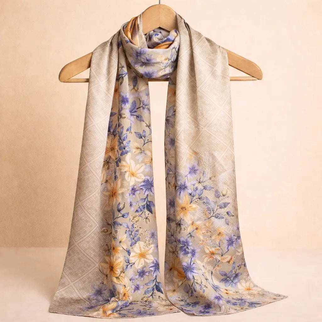 Beige Printed Hijab displayed on hanger, featuring soft chiffon fabric with floral patterns ideal for modest fashion and daily wear.